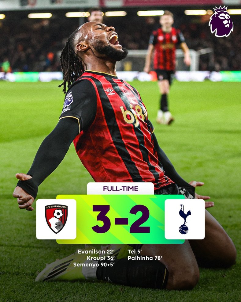 Semenyo Signs Off in Style with Stoppage-Time Winner as Bournemouth Beat Spurs