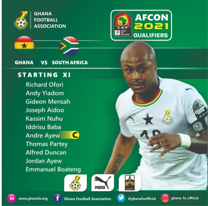 AFCON 2021 Qualifiers: Ghana Black Stars starting lineup against South Africa AFCON 2021 Qualifiers: Ghana Black Stars starting lineup against South Africa